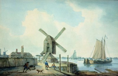 Escena costera con molinos de viento y barcos de William Anderson